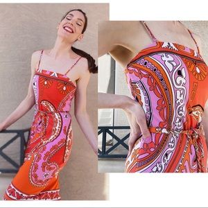 VINTAGE Y2K does 60s CACHE Orange & Pink Paisley Dress w/ Chain Tie Belt